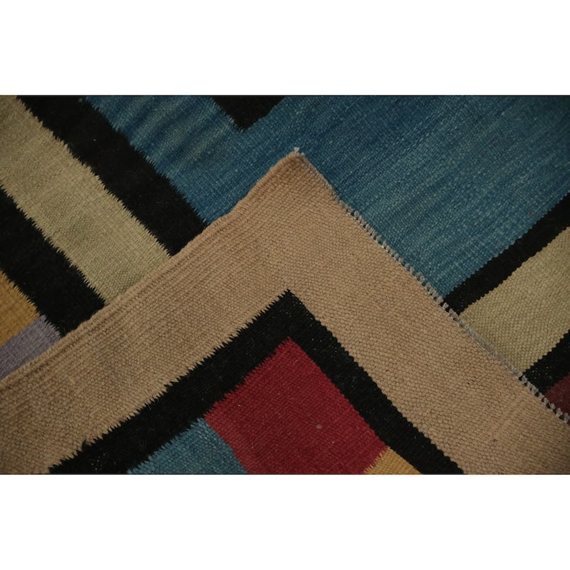 Hand Woven Oriental 100% Wool Carpet Southwestern Tribal Navy Blue & Blues Kilim Area Rug - 11' 11'' X 8' 11''