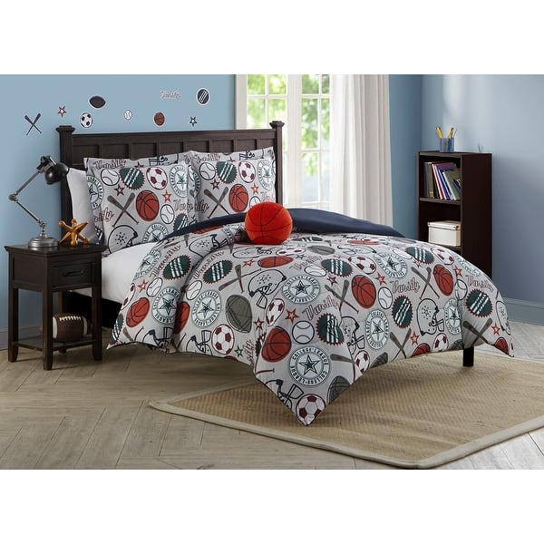 slide 2 of 8, ALEX + BELLA League Sports Soft Microfiber Comforter Set Grey/Navy/Blue - 3 Piece - Twin