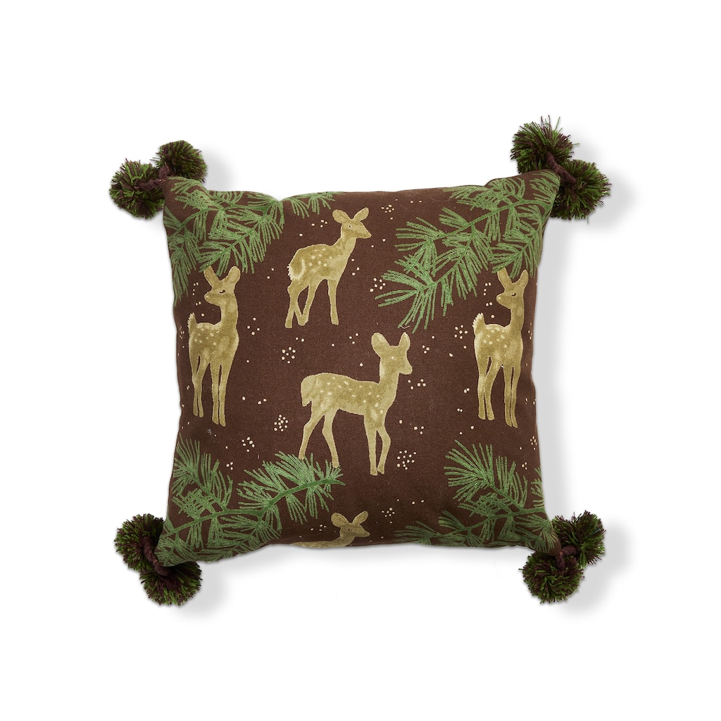 Wilde Pine Deer Throw Pillow - Christmas Decor, Brown Multi Cotton, Machine Washable, 12x12 Inches