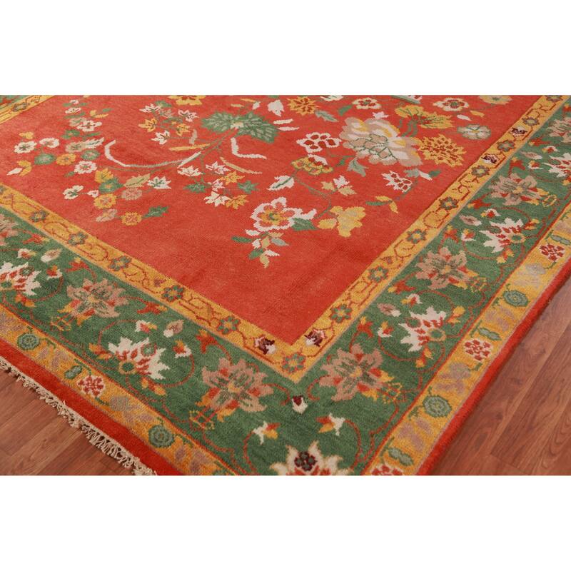 Floral Orange Art Deco Oriental Area Rug Handmade Wool Carpet - 7'10" x 10'0"