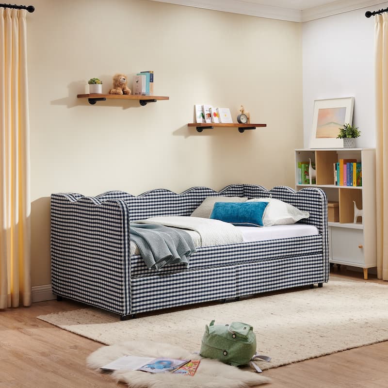 Twin Size Gingham Linen Upholstered Daybed with 2 Storage Drawers, USB Charging Station & Waved Arms
