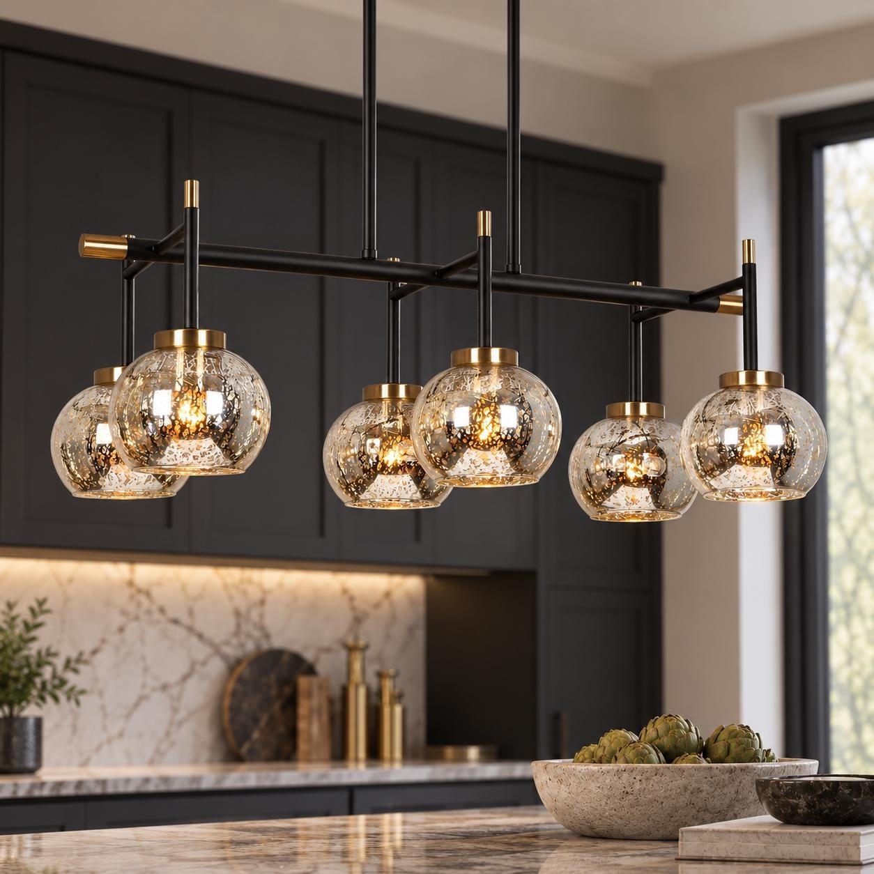 Modern 6-Light Black Gold Linear Chandelier Mercury Glass Pendant for Kitchen Island