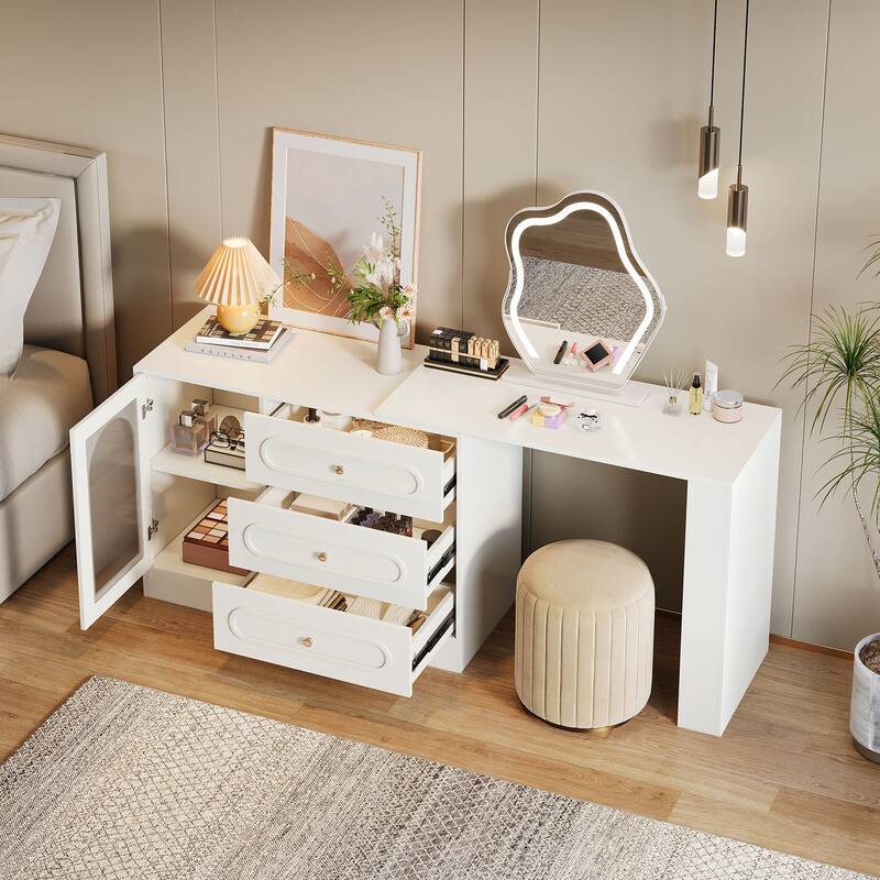 360° Rotatable Vanity Desk with 3 Drawers, Modern White Corner Vanity - White