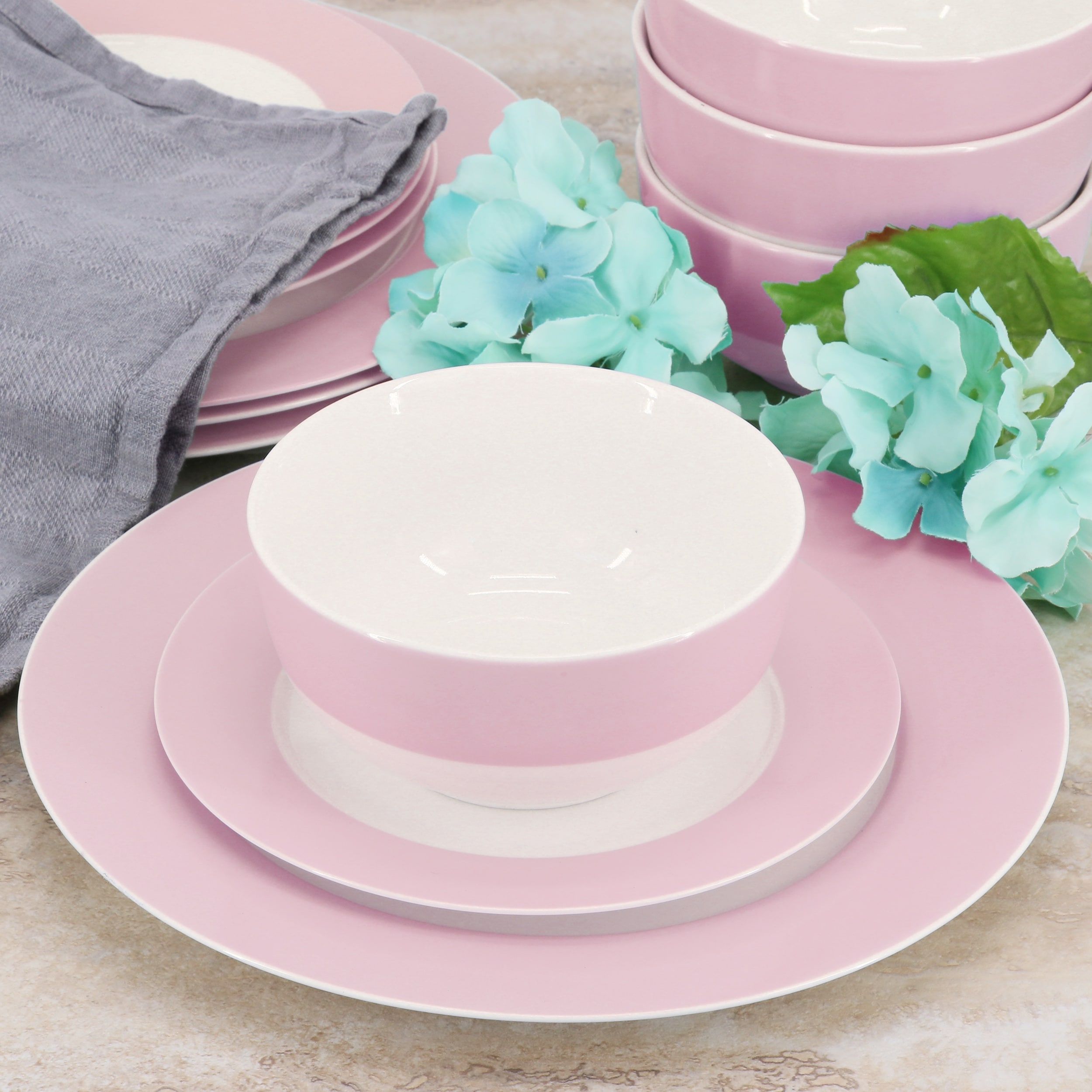 Martha Stewart 12 Piece Banded Fine Ceramic Dinnerware Set in Blush Pink