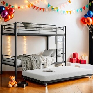 Twin over Twin Metal Bunk Bed with Trundle,Ladder and Full-Length Guardrail