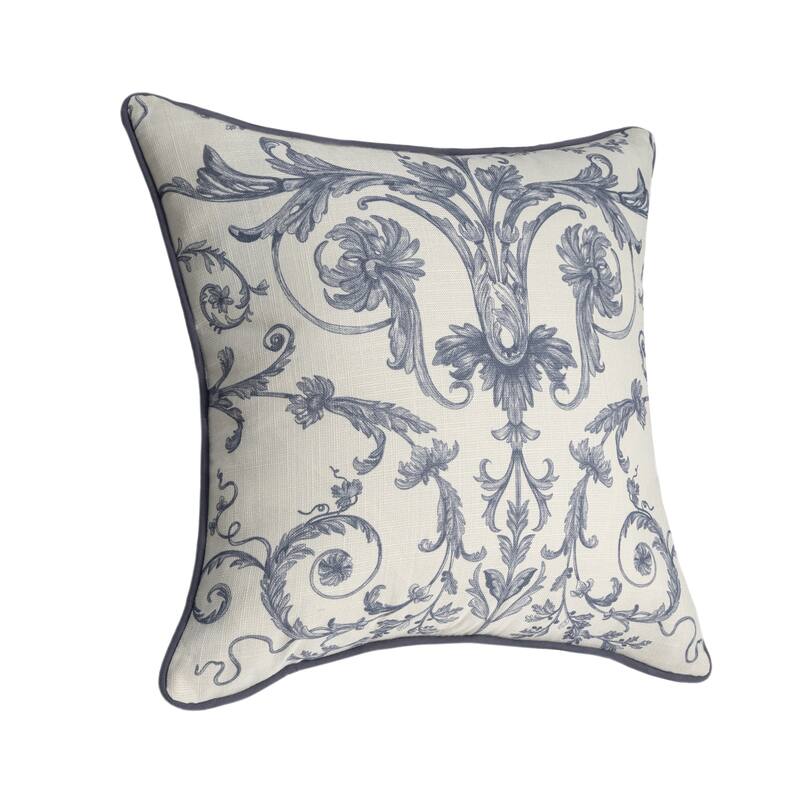 Reversible Damask Floral Outdoor Patio Square Throw Pillow - 20" - Cream and Blue