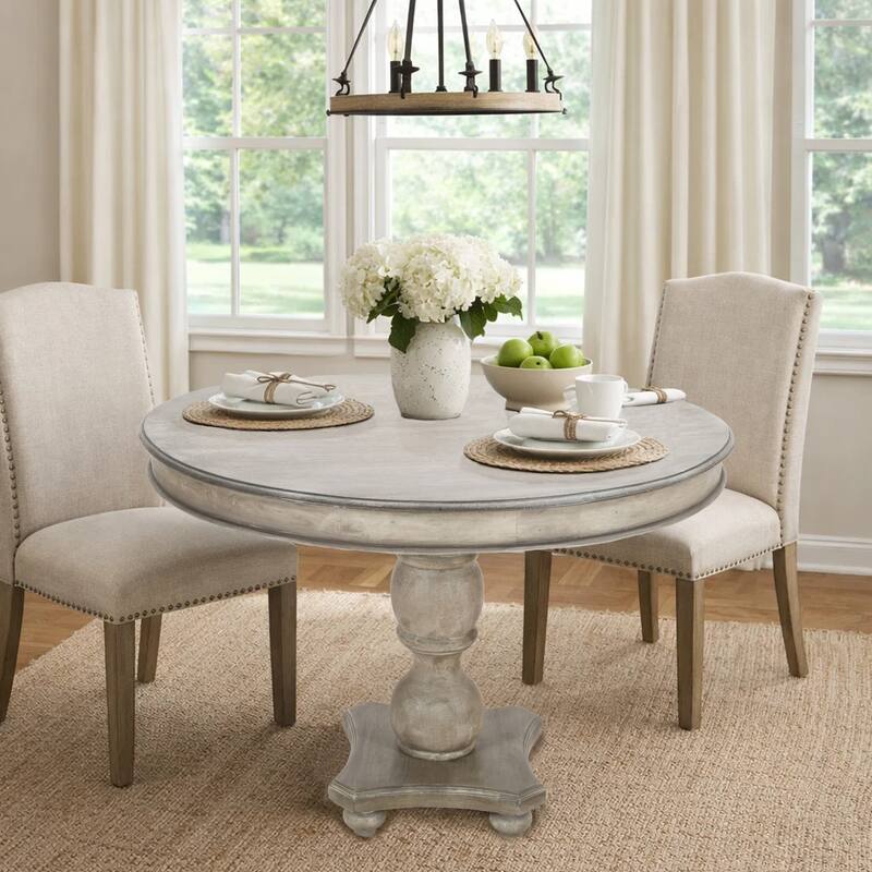 42 Inch Handcrafted Mango Wood Dining Table, Pedestal Base, Round Molded Top, Washed White, Gray - Washed White and Gray