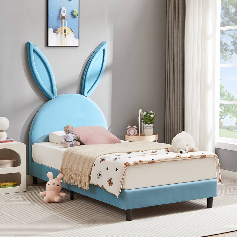 Javlergo Twin Size Kids Bed Frame with Cute Ears Velvet Headboar No Box Spring Required Bed Children's Bed - Blue Bed Frame - Blue