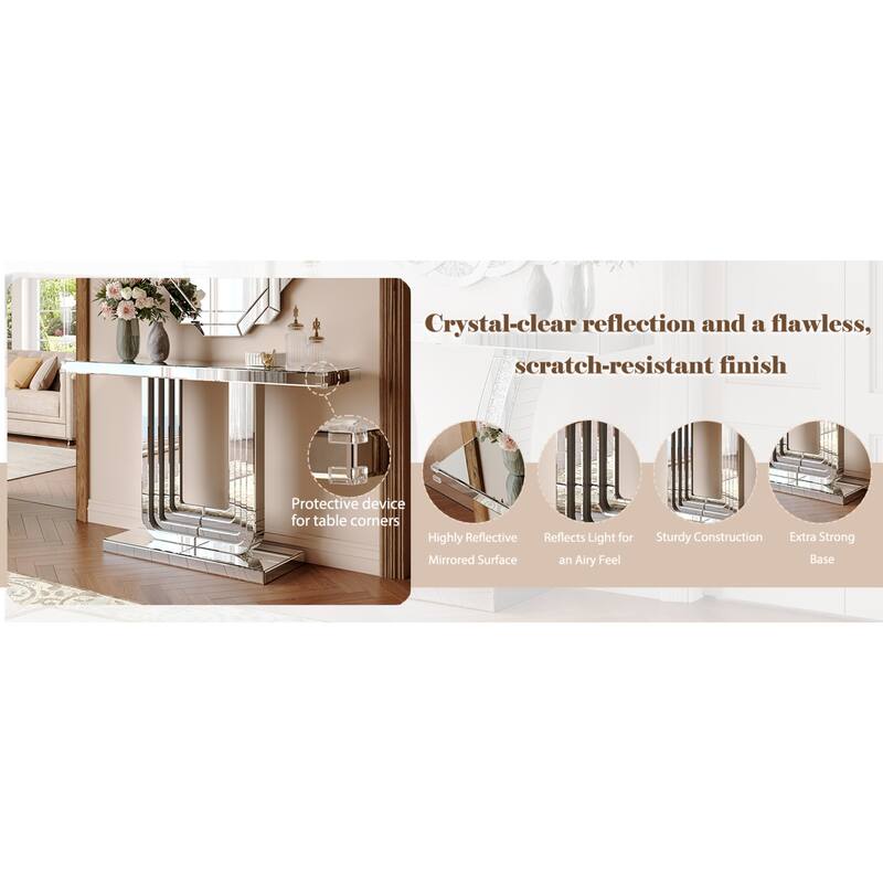 Roomfitters 47" Mirrored Console Table, Silver Entryway Table with U-Shaped Base & Hand-Spliced Line Design