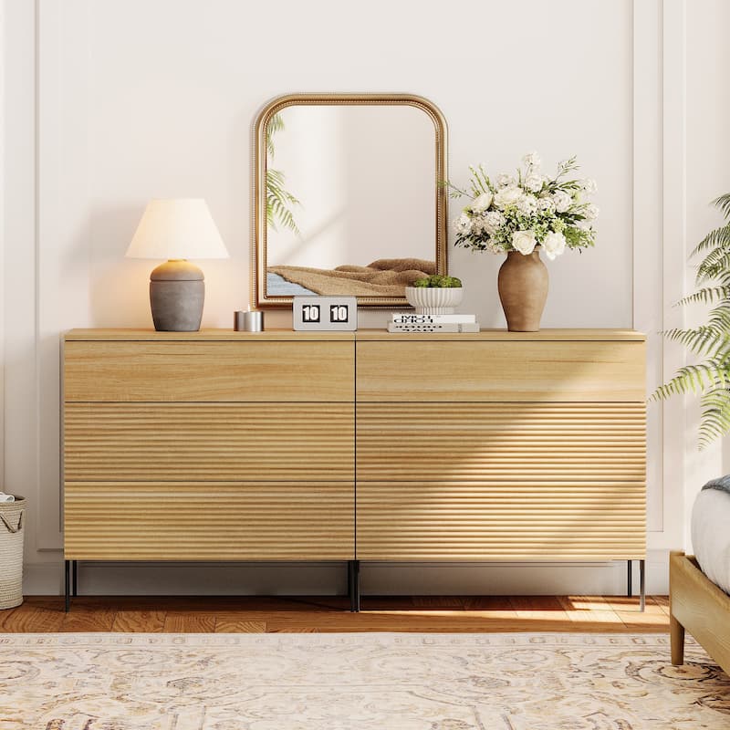 Modern Wood 3-Drawer Dresser With Reeded Design, Minimalist Dresser Organizer Storage - Oak - 6-drawer