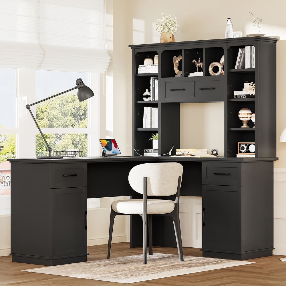 Roomfitters L-Shaped Computer Desk with Hutch, 2 Cabinets, 2 Drawers and 11 Open Shelves, with Power Outlet
