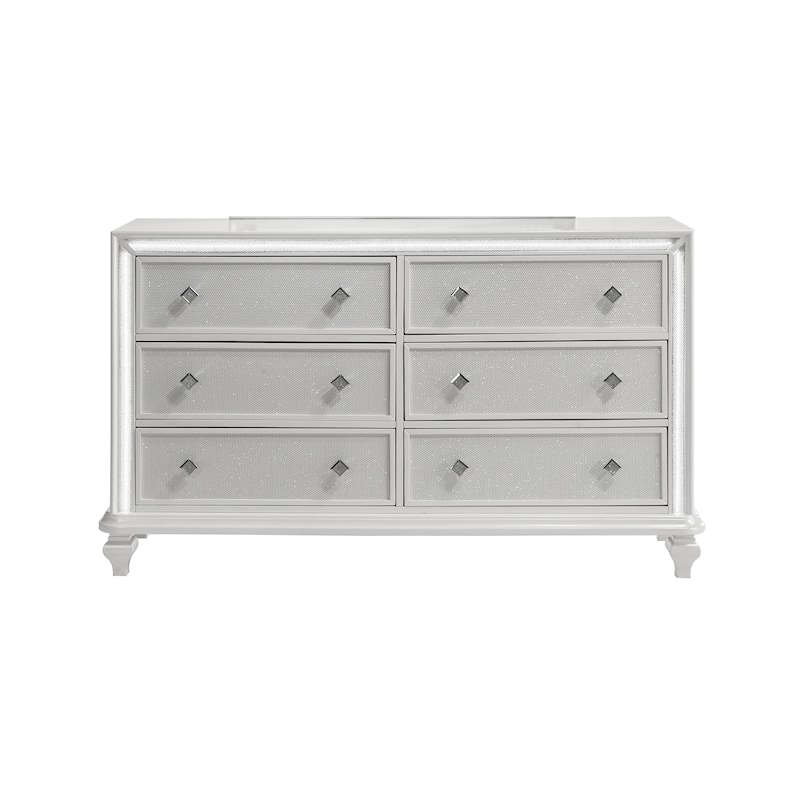 Stacy Wide Dresser with 8 Drawers and LED Lights, Silver, White Wood