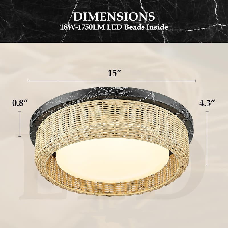 12.6 /15 Inch Rattan Dimmable LED Ceiling Light, Painted Wood