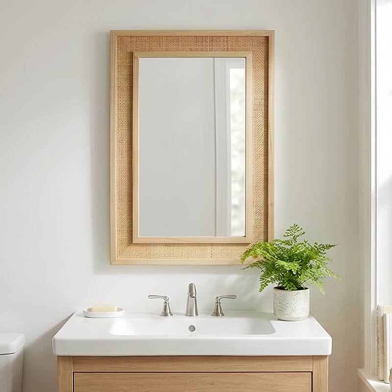 Rattan Rectangle Solid Wood Frame Decorative Mirror