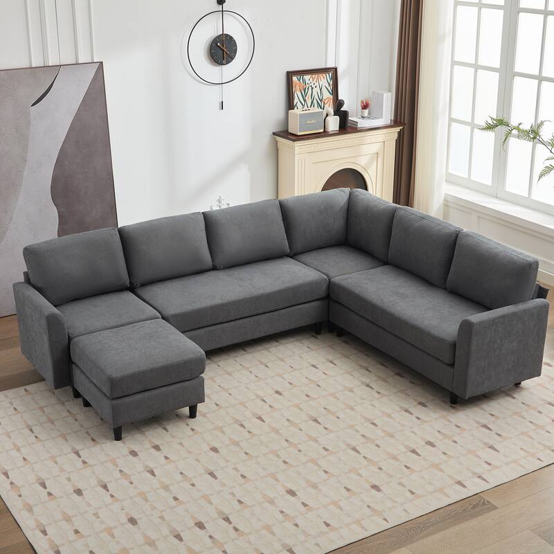 Snow Velvet Sectional Sofa - 5 Seats with 1 Ottoman & 1 Corner Sofa - Beige