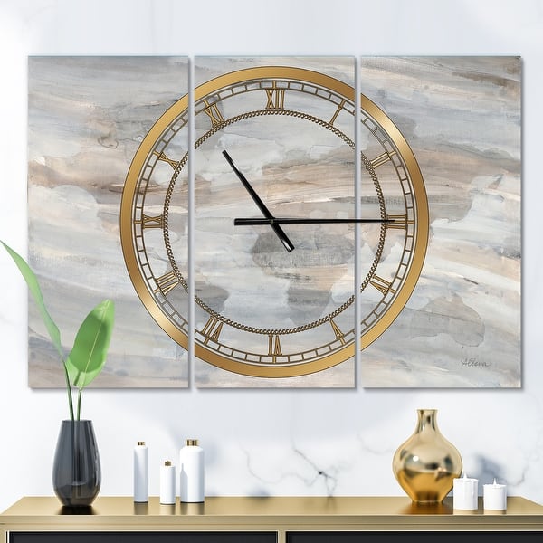 slide 2 of 7, Designart 'Misty World Map' Glam 3 Panels Oversized Wall CLock - 36 in. wide x 28 in. high - 3 panels