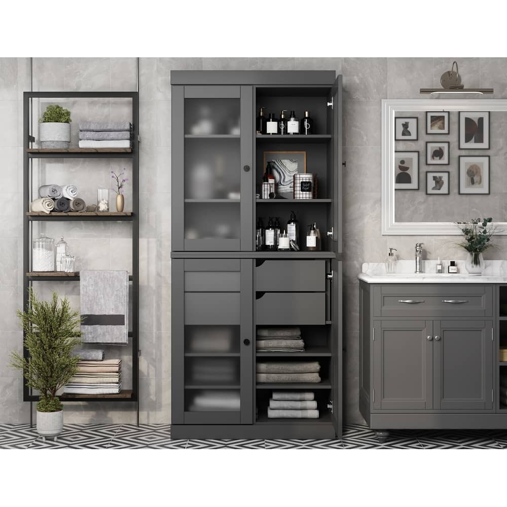 Palace Imports 100% Solid Wood 32" Bathroom Cabinet with Frosted Glass Doors, 2-Drawers and Adjustable Shelves