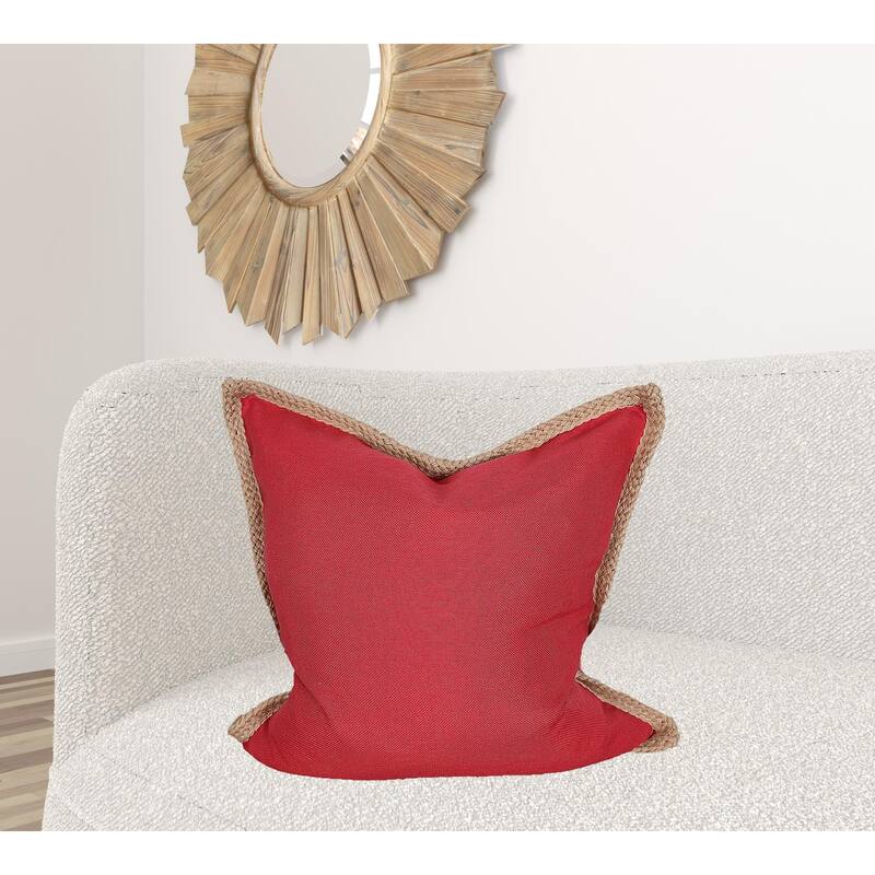 HomeRoots 24" X 24" Brown and Red Polyester Zippered Pillow with Jute Trim