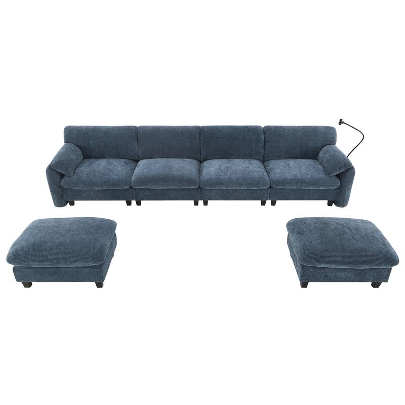 140-Inch Chenille Sectional Sofa with USB and Type-C Charging Ports, Phone Holders, Side Storage Pockets, Movement Ottomans