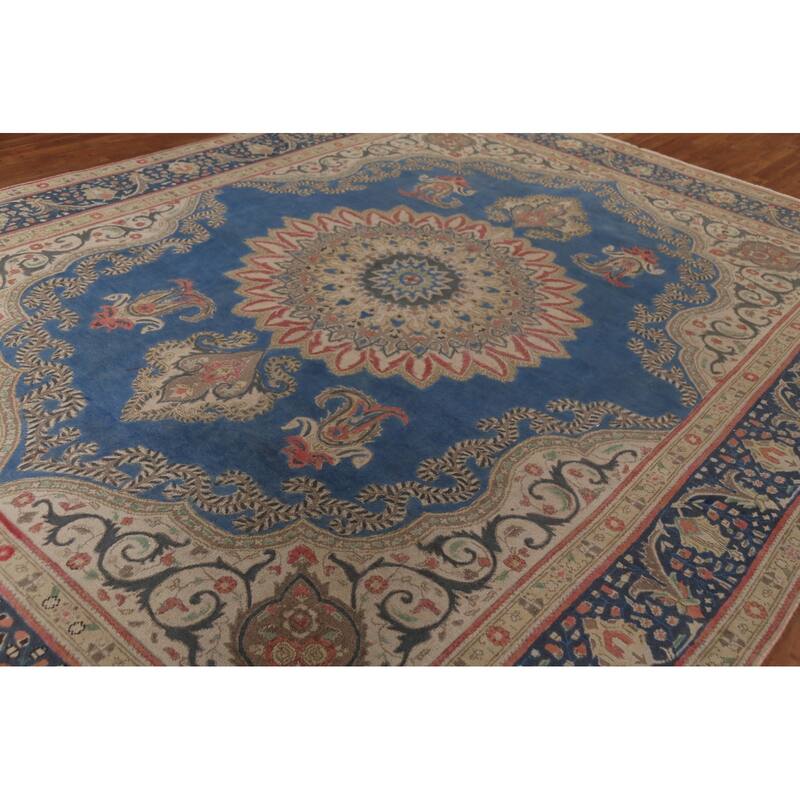 Blue Floral Tabriz Persian Vintage Area Rug Handmade Wool Carpet 9'8