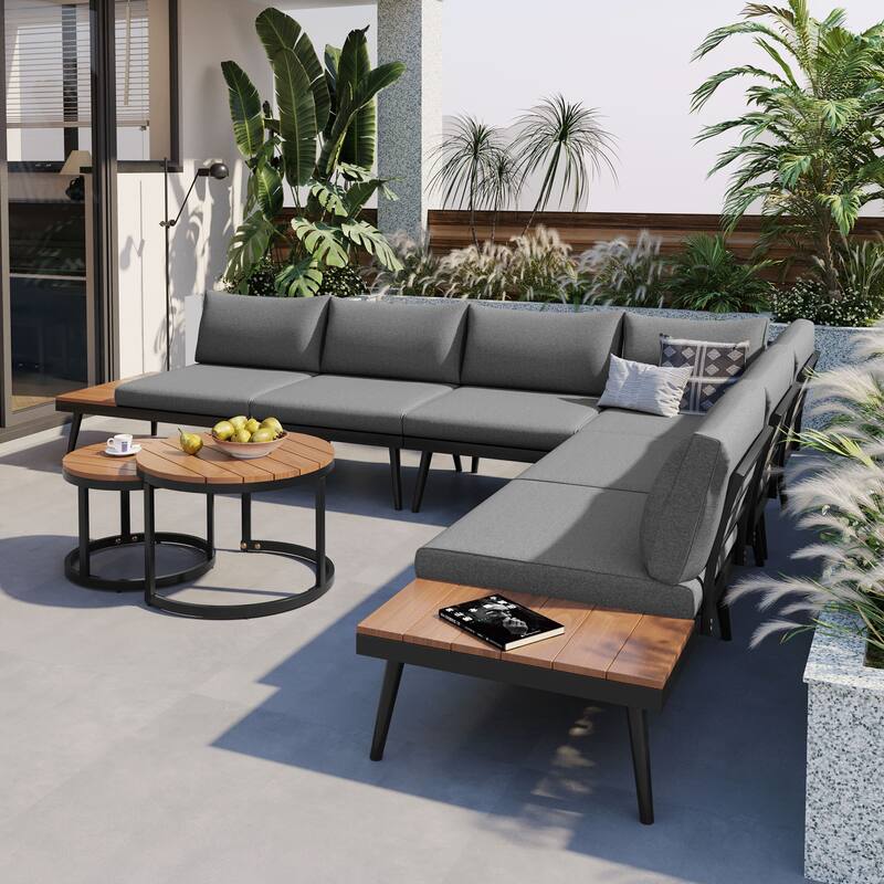 6-piece Acacia Wood Outdoor Sectional Sofa Set with Round Nesting Coffee Tables and Side Storage Shelf, Cushioned Seating