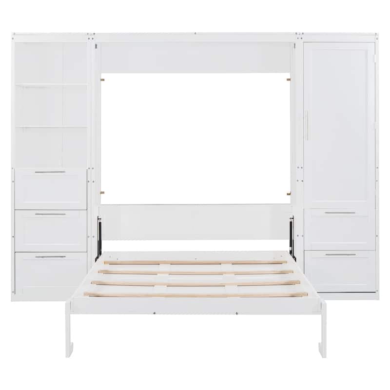 Queen Size Murphy Wall Bed with Built-In Closet, Drawers, and Shelves, Space-Saving Design