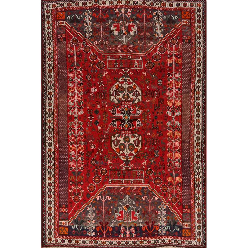 Hand Knotted Oriental 100% Wool Carpet Traditional Tribal Red Qashqai Area Rug - 9' 5'' X 6' 5''