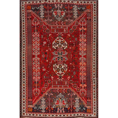 Hand Knotted Oriental 100% Wool Carpet Traditional Tribal Red Qashqai Area Rug - 9' 5'' X 6' 5''