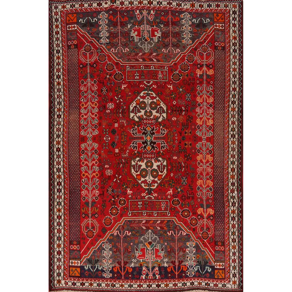 Hand Knotted Oriental 100% Wool Carpet Traditional Tribal Red Qashqai Area Rug - 9' 5'' X 6' 5''