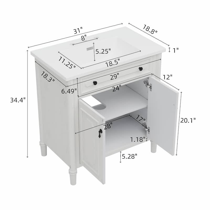 31" Vintage Bathroom Vanity with Sink - Rustic Cabinet with Soft Close Doors and Adjustable Shelf