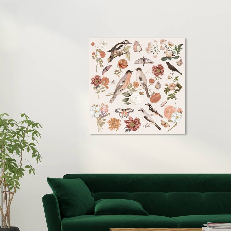 Wynwood Studio Canvas Floral and Botanical Bird Sighting IV Pink and Light Pink Farmhouse Wall Art Canvas Print - Pink, White - 30 x 30