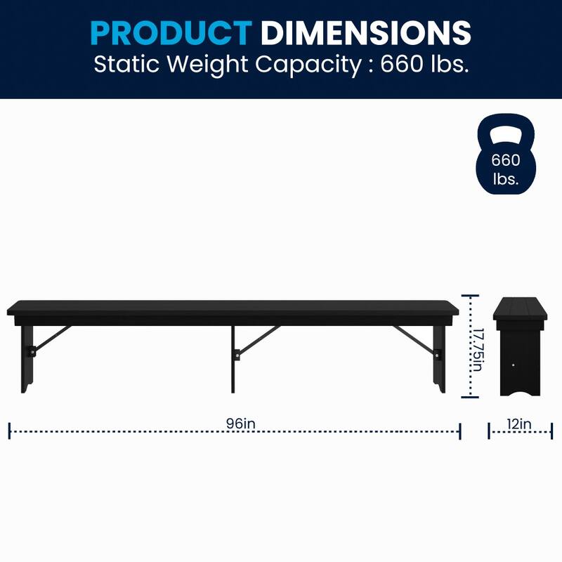 8' x 12" Antique Rustic Solid Pine Folding Farm Bench with 3 Legs