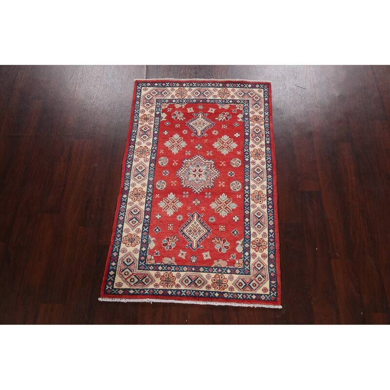 Hand Knotted Oriental 100% Wool Carpet Traditional Geometric Red Kazak Area Rug - 5' 0'' X 3' 1''
