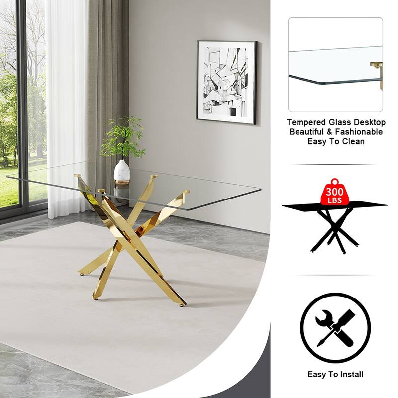Large Modern Minimalist Rectangular Glass Dining Table with 0.3"Tempered Glass Tabletop and Gold Metal Legs, for 4-6 people