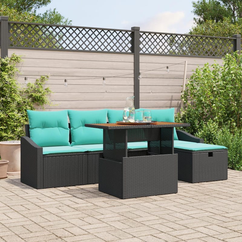 vidaXL 6 Piece Garden Sofa Set with Cushions Black Poly Rattan - 91.7 x 46.1 x 27.2