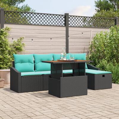 vidaXL 6 Piece Garden Sofa Set with Cushions Black Poly Rattan - 91.7 x 46.1 x 27.2