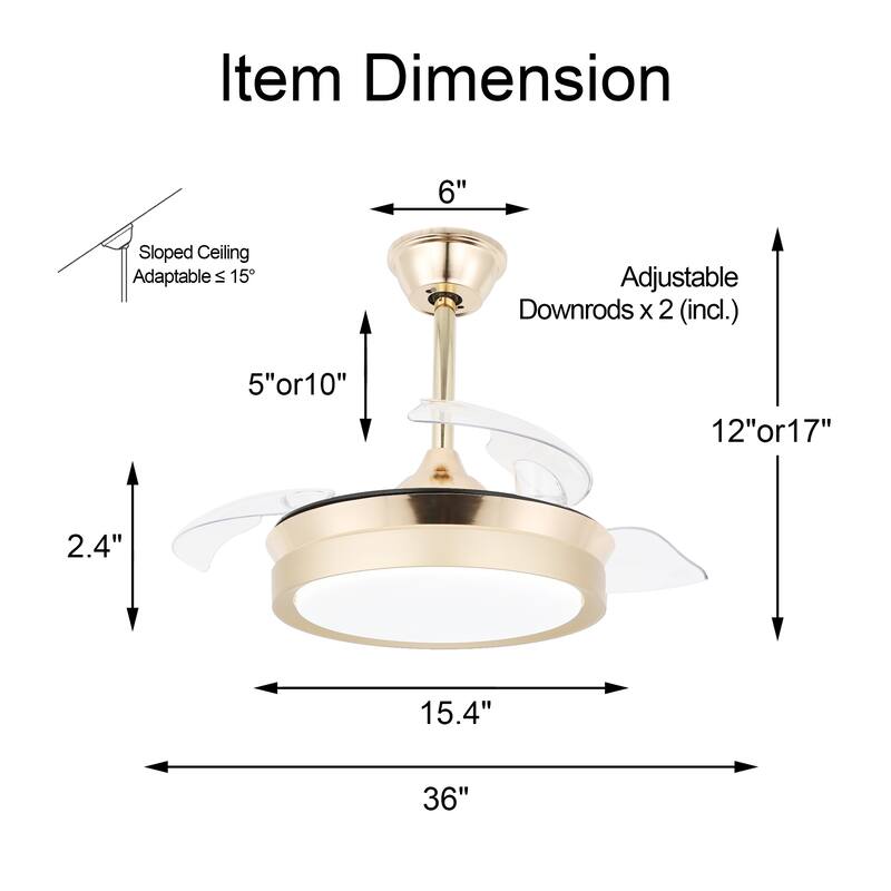 Bella Depot 36" Modern Retractable Ceiling Fan with Led Light, 6-Speed Reversible Blades with Remote