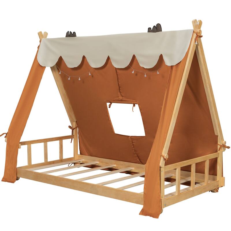 House Bed with Antler Accents Light Tent and Roof Wood Bed Frame