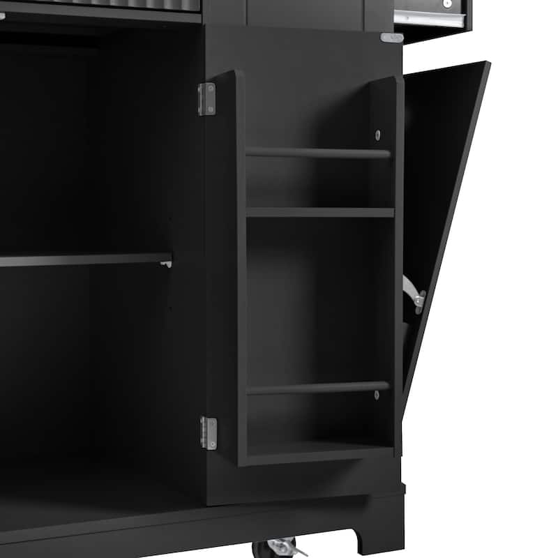 Fluted Kitchen Island with Trash Can Storage Cabinet, Kitchen Cart with Power Outlet Rolling Kitchen Islands on 5 Wheels