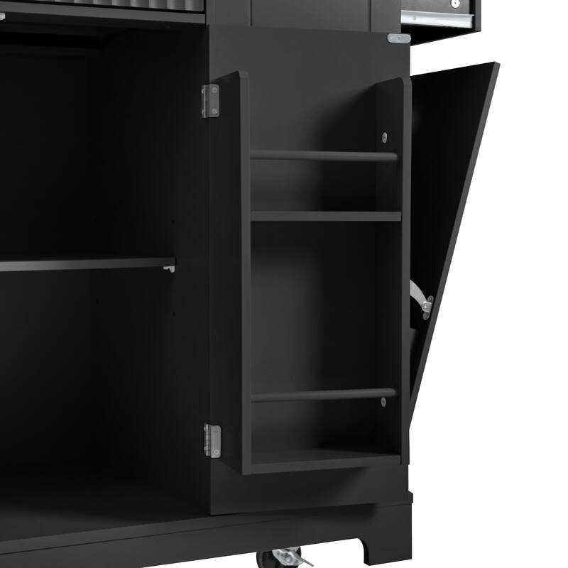 Kitchen Island on 5 Wheels with Concealed Trash Cabinet, Kitchen Cart with Power Outlet, Internal Storage Rack & 3 Drawers