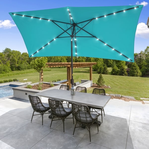 blue and green striped patio umbrella Safavieh 9 ft. Athens Inside Out Striped Crank Outdoor Auto Tilt Umbrella, Green