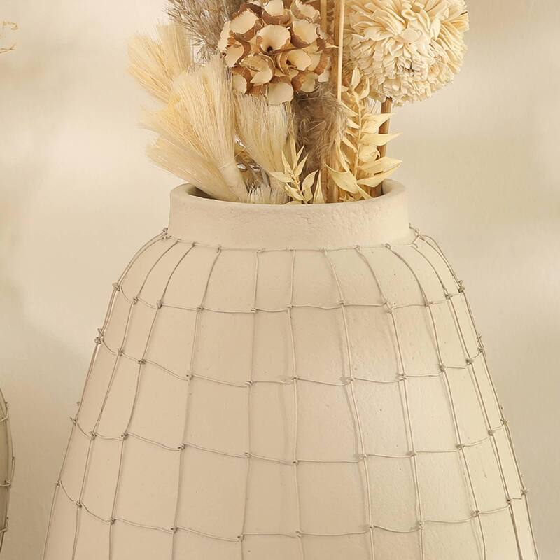Handmade Off-White Terracotta Vase with Wireframe - Contemporary 11.5x11.5x15.5 Inch Design