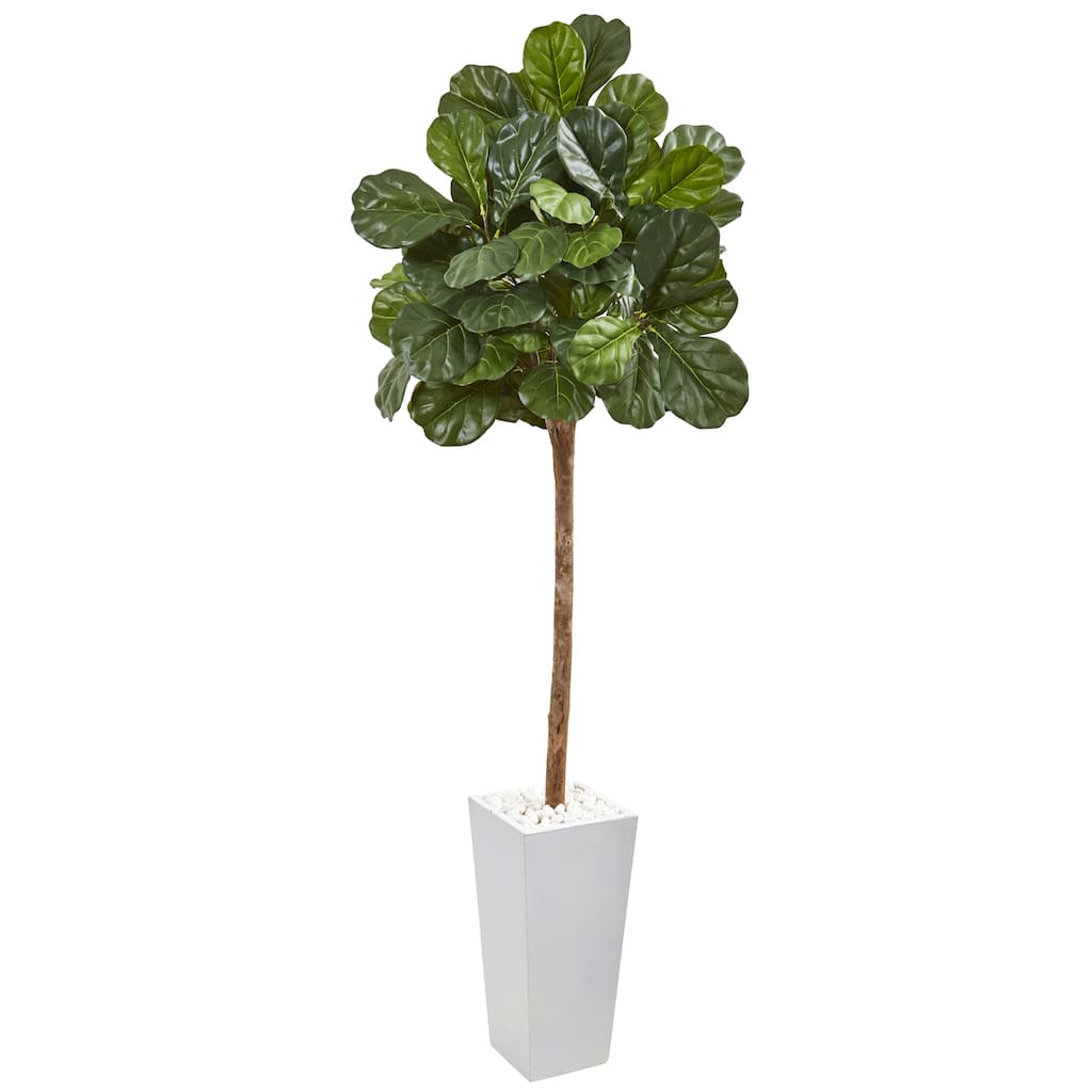 Artificial Fiddle Leaf Fig Tree 75In - Realistic Indoor Outdoor Fake Plant in White Planter - Home Decor Accent
