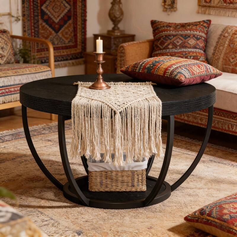 Round 2-Tier Wood Coffee Table with Metal Base for Living Room