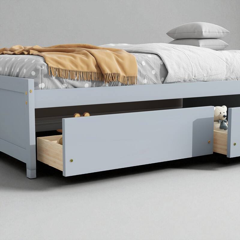 Twin Bed with Storage Drawers, Solid Rubberwood Platform, 10 Slats, No Box Spring Needed, Kids & Guest Room, 76.6"x41.6"
