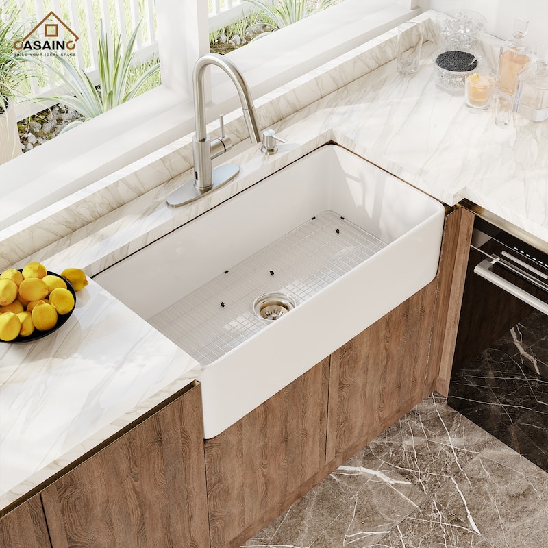 All-in-One Kit Farmhouse/Apron-Front Single Bowl Fireclay Kitchen Sink with Pull Down Sprayer Kitchen Faucet and Accessories - 36 x 18 - Sink + Brushed Nickel Pull Down Kitchen Faucet