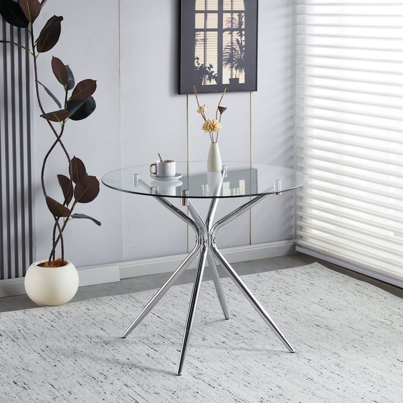 Modern Space-Saving Dining Table with Tempered Glass Top & Chrome Metal Legs, Ideal for Kitchen and Living Room - Chrome