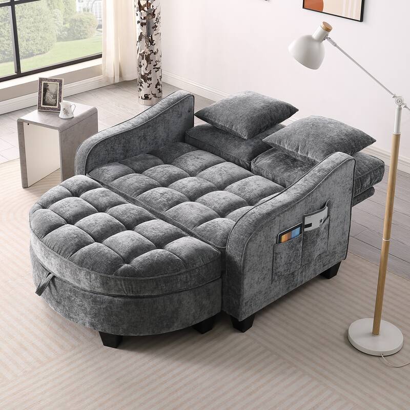 Two-Seater Chaise Lounge with Storage Footrest and Pillows, Irregular Armrest Design
