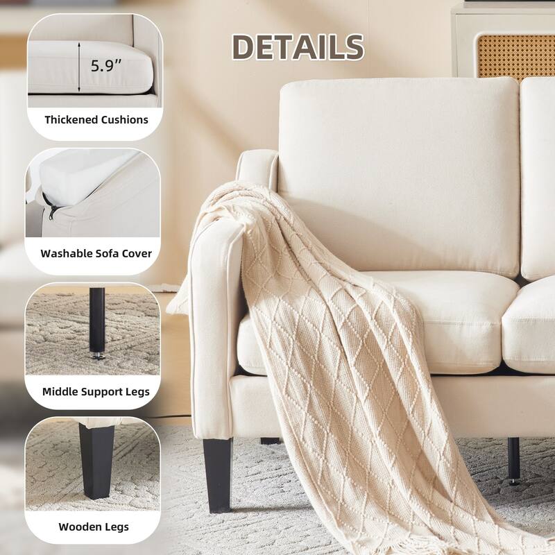 EROMMY Modern 3-Seater Fabric Sofa Couch, Ergonomic Living Room Couch with Washable Cushions and Solid Wood Legs, Gray or Beige