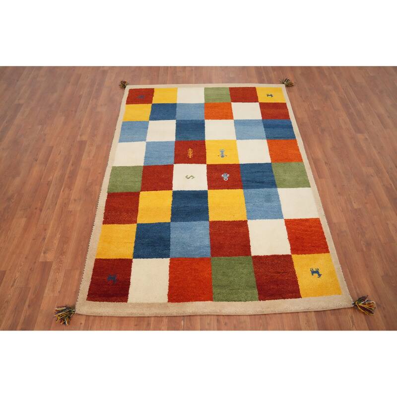Hand Knotted Oriental 100% Wool Carpet Modern Geometric Multi-Colored Gabbeh Area Rug - 6' 7'' X 4' 9''